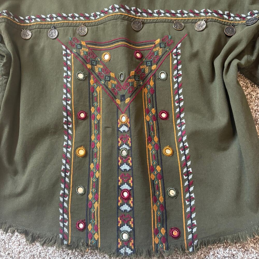 Anthropologie Beautiful Stories Embroidered Olive Jacket M Boho Metal Mirror - Picture 6 of 11